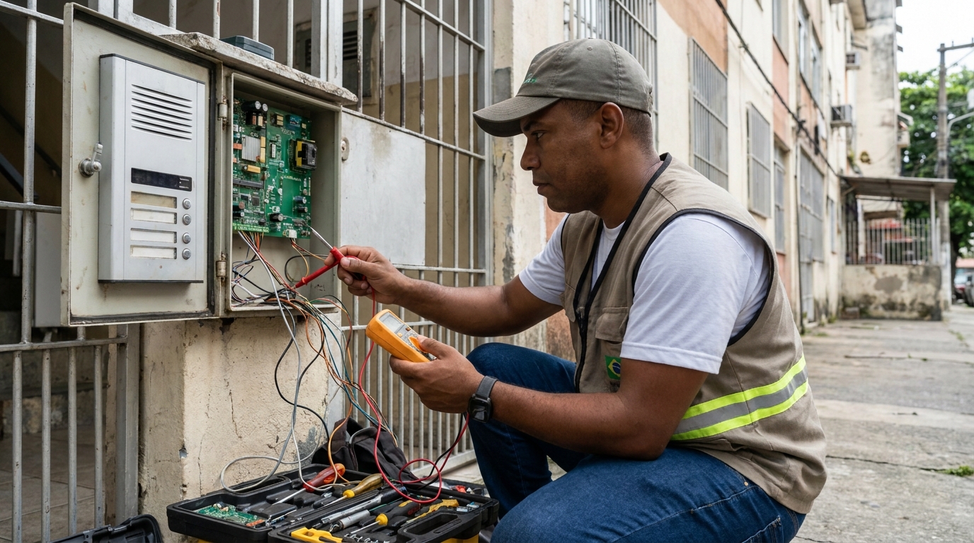 Eletricista consertando interfone em Juiz de Fora‑MG