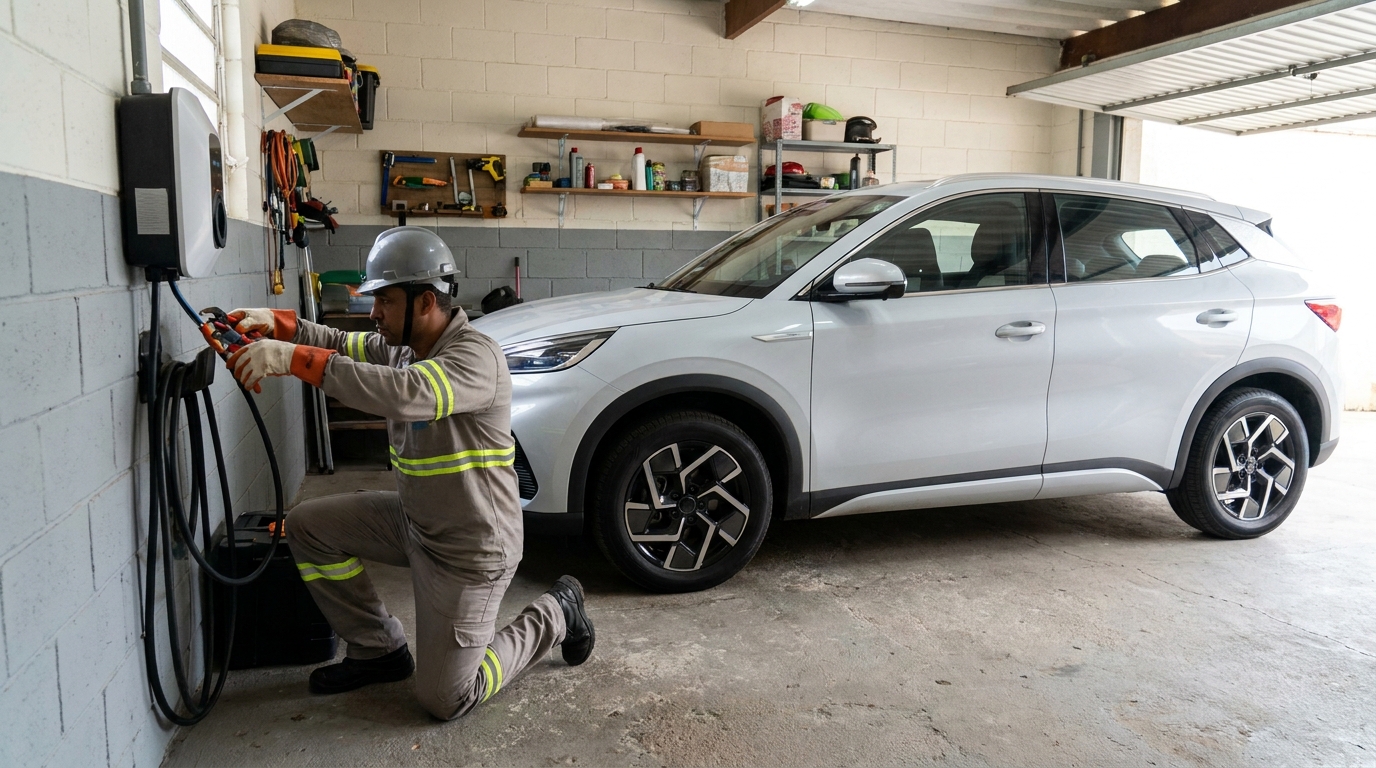Eletricista instalando carregador de carro eletrico em Juiz de Fora‑MG