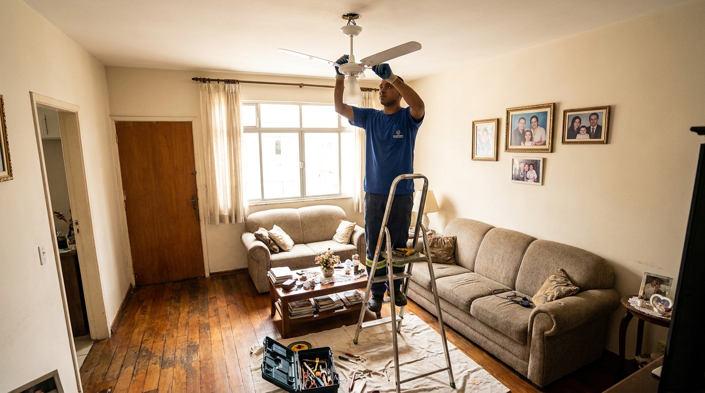 Eletricista instalando ventilador de teto em Juiz de Fora‑MG